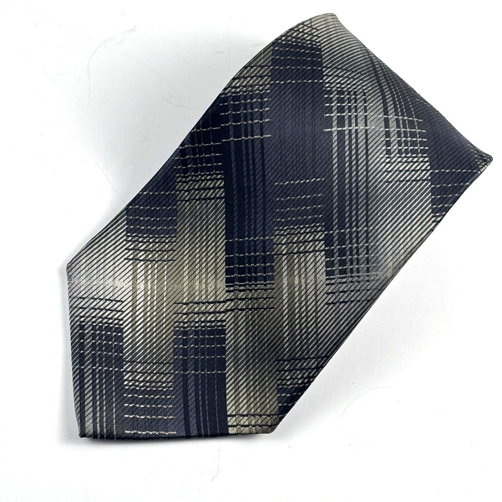 Daniel Hechter Silk Necktie Mens OS Navy Blue Grey Plaid Geometric Dark Academia